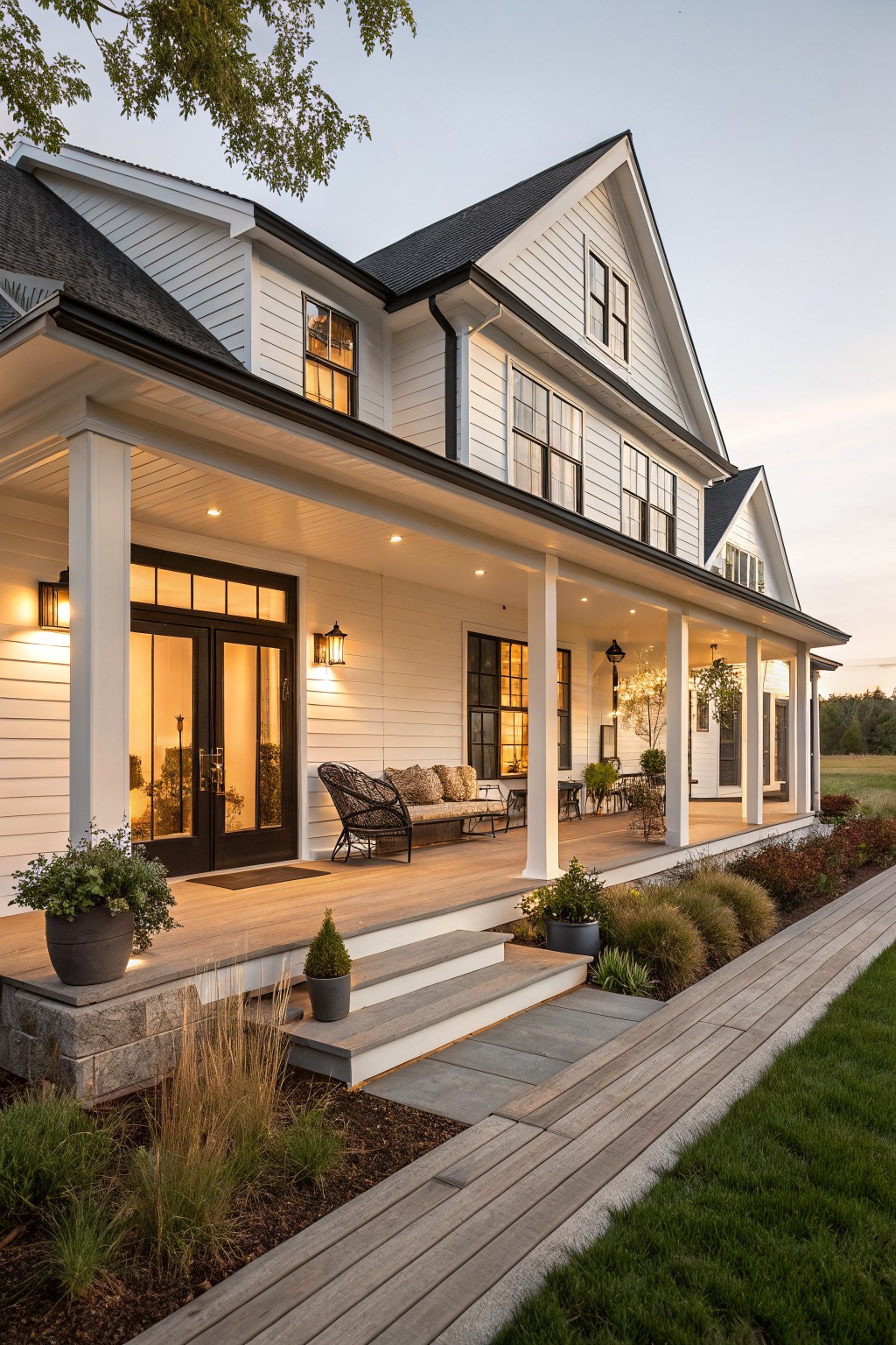 A white farmhouse with dark trim and a wide covered front porch supported by white columns, featuring wooden decking, steps, and potted plants along the edge.