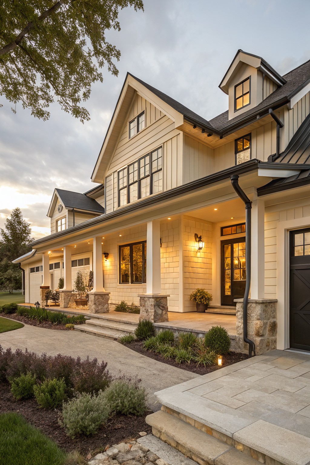 Large two-story white house with stone porch pillars and glowing windows at dusk