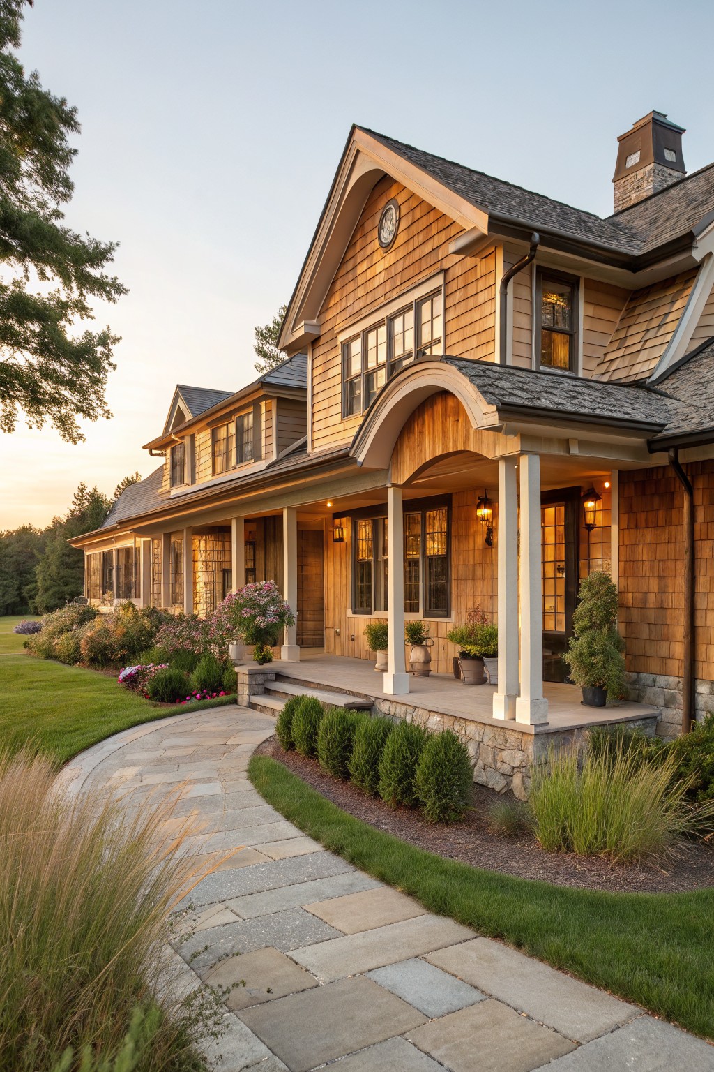 A wooden ranch-style house with shingle siding, a large arched front porch supported by white columns, and a stone foundation along a stone pathway.