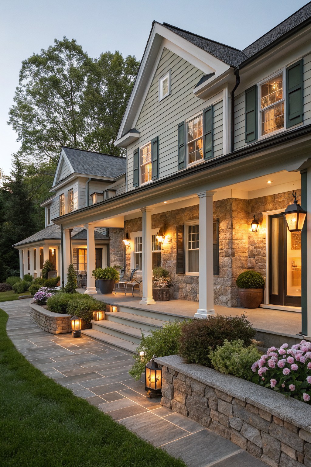 A large farmhouse-style home with light siding, green shutters, a wide covered porch supported by white columns, and a stone foundation, shown at dusk with lanterns lit along the steps and walkway.