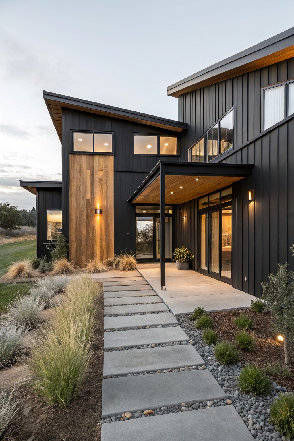 Modern ranch home exterior with dark vertical siding, a tall wood accent panel beside the entry, and a flat covered porch.