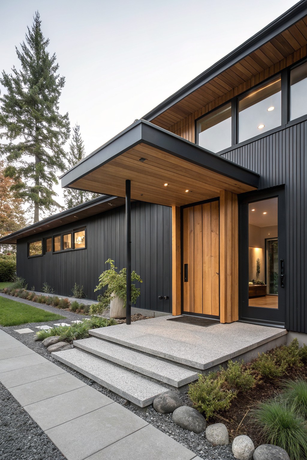 Front exterior of a modern ranch house with dark siding, a wood front door under a covered entry with wood ceiling, and concrete steps.