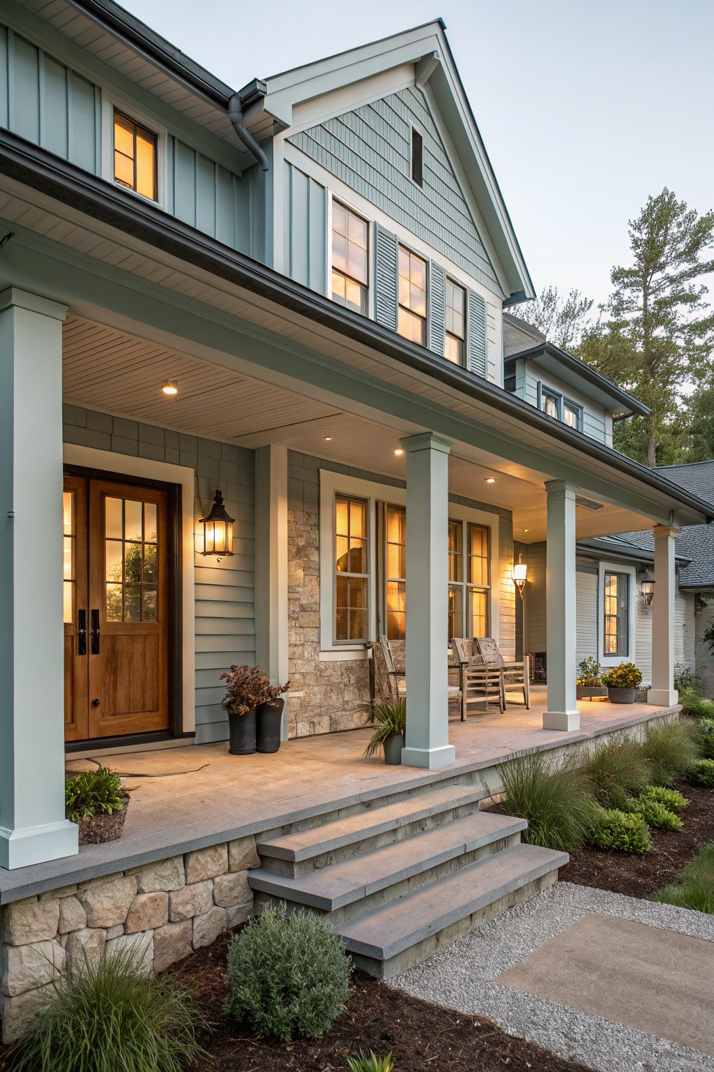 Light blue farmhouse exterior with a wide covered front porch supported by white columns, stone foundation, and a wooden entry door.