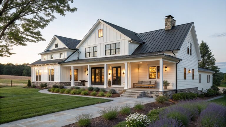 A white farmhouse exterior with stone veneer accents under the porch, a covered entry with columns, and a stone pathway bordered by lavender.