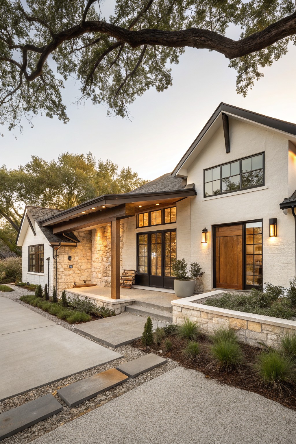 Modern white house with stone accents, wood door, and landscaped entry at dusk.