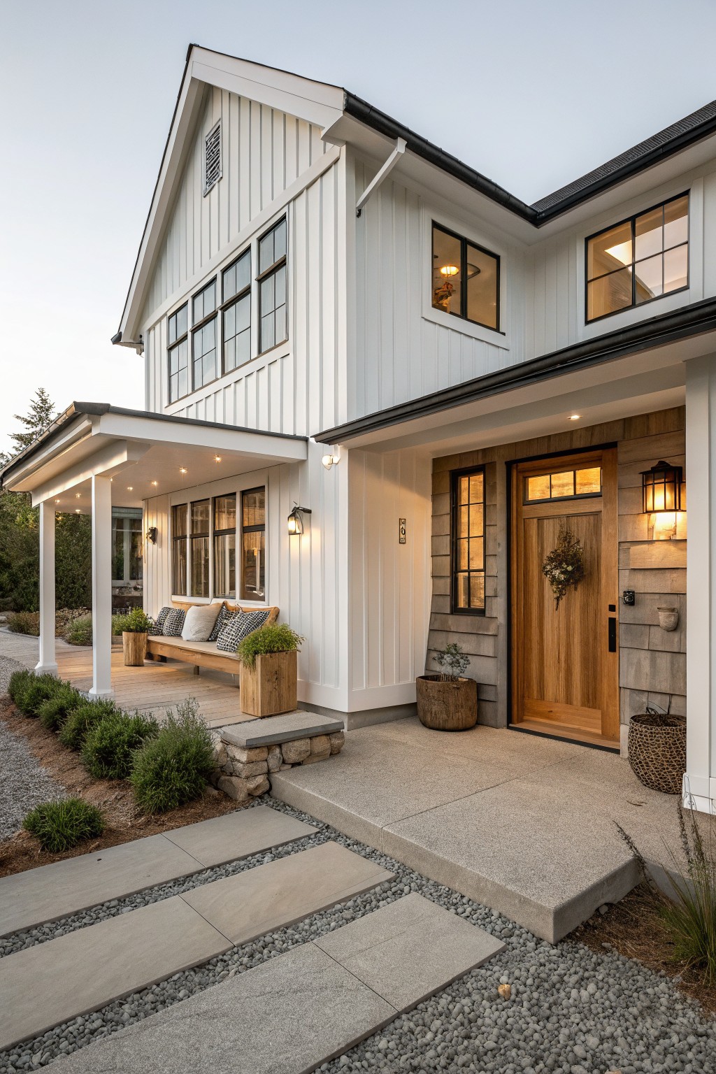 Modern white farmhouse with wooden door, covered porch, and stone pathway.