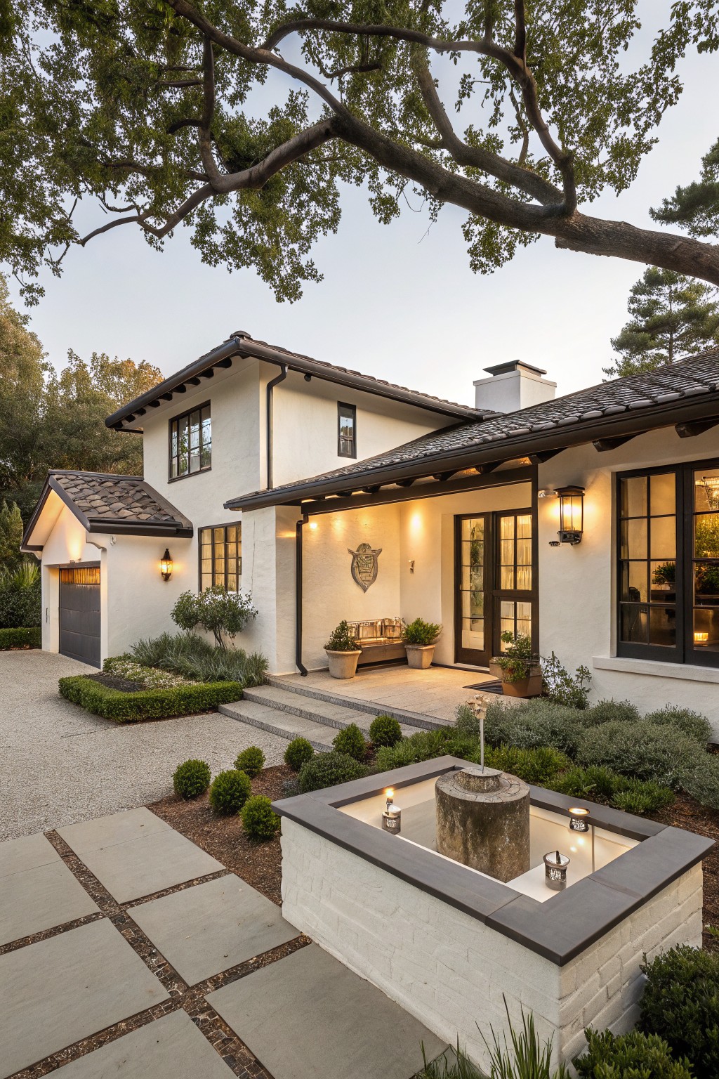 A white stucco ranch house with a recessed covered entry, dark trim, double doors, and steps leading to a landscaped front area.