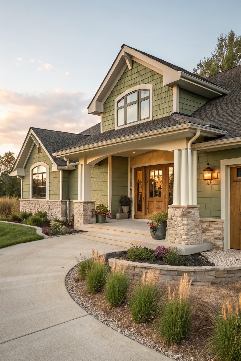 A green farmhouse ranch home with a covered front porch supported by white columns on stone bases, wooden double doors, and landscaping along a concrete driveway.