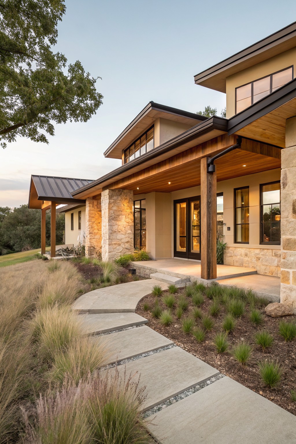 Front view of a one-story ranch home with stone columns holding up a wooden porch ceiling, double front doors, and a concrete walkway leading to the entrance.