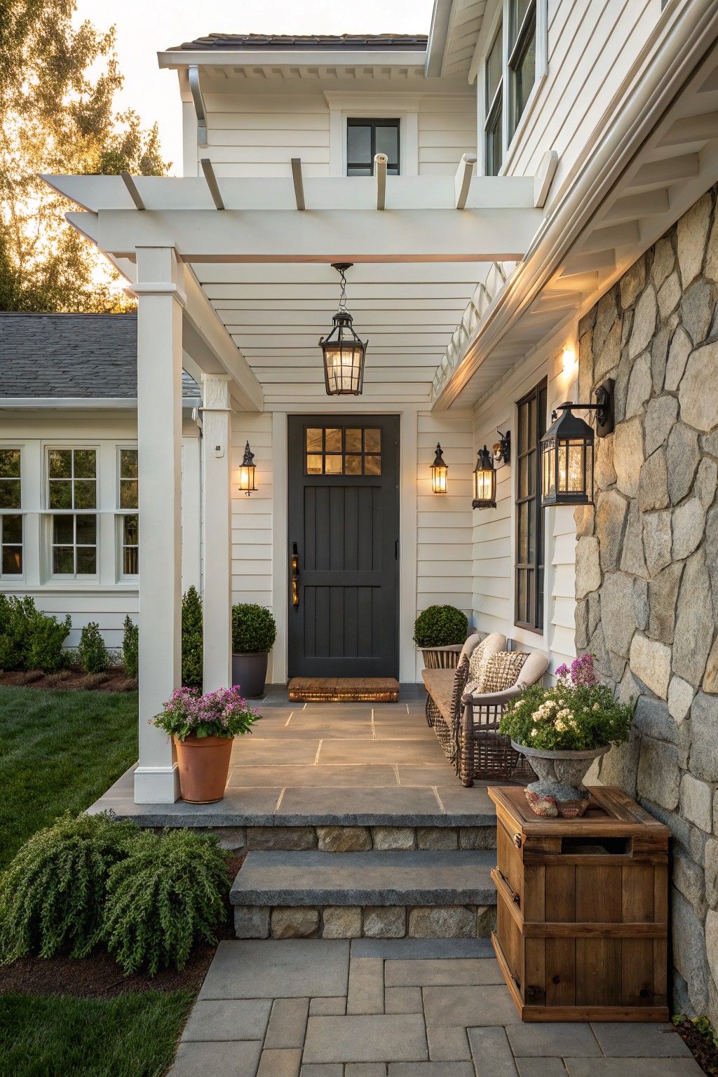 Charming white house porch with dark door, stone wall, lanterns, and flowers.