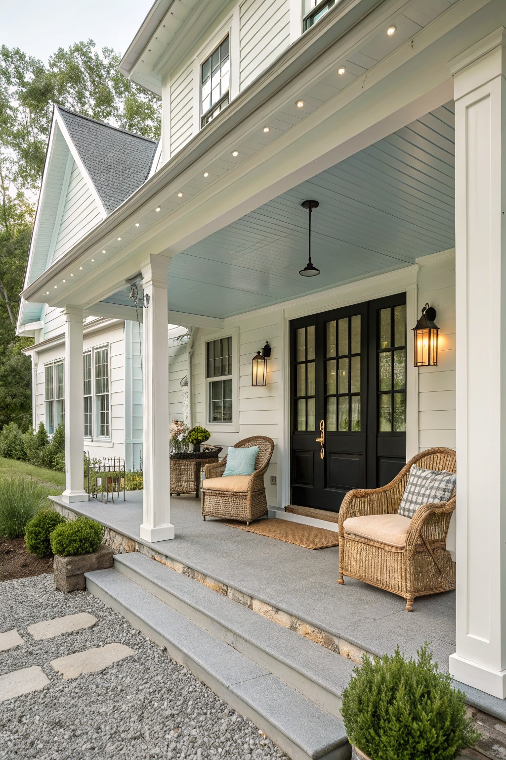 A white board and batten house with a black front door, covered porch, and two wicker chairs on the steps.