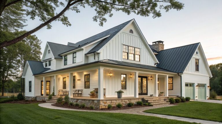 Front view of a two-story white farmhouse with board and batten siding, a covered porch supported by white columns on stone bases, and a mint green front door.