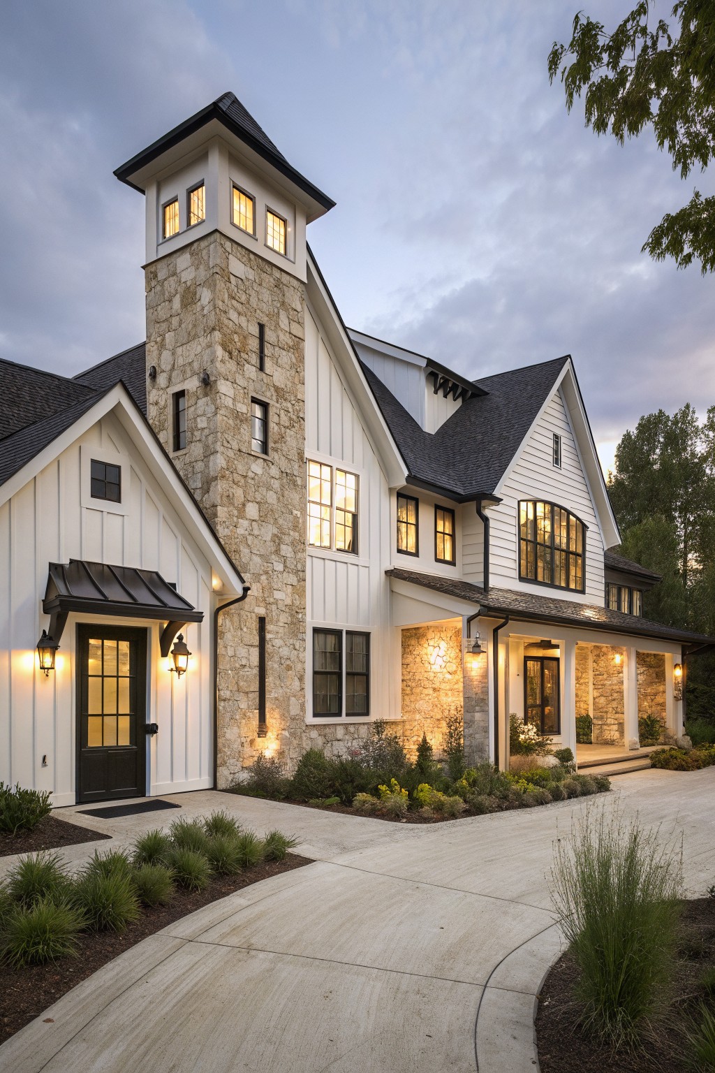 A two-story white board and batten farmhouse with a tall stone tower, dark roof, and lit windows at dusk.