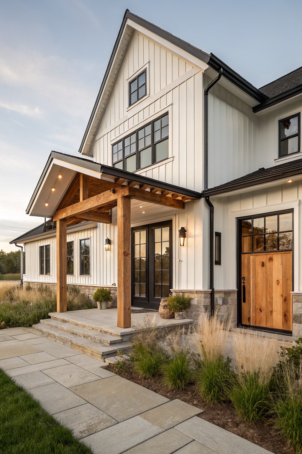 A two-story white board and batten house with a large wooden front porch, black trim, and stone foundation at the entry.