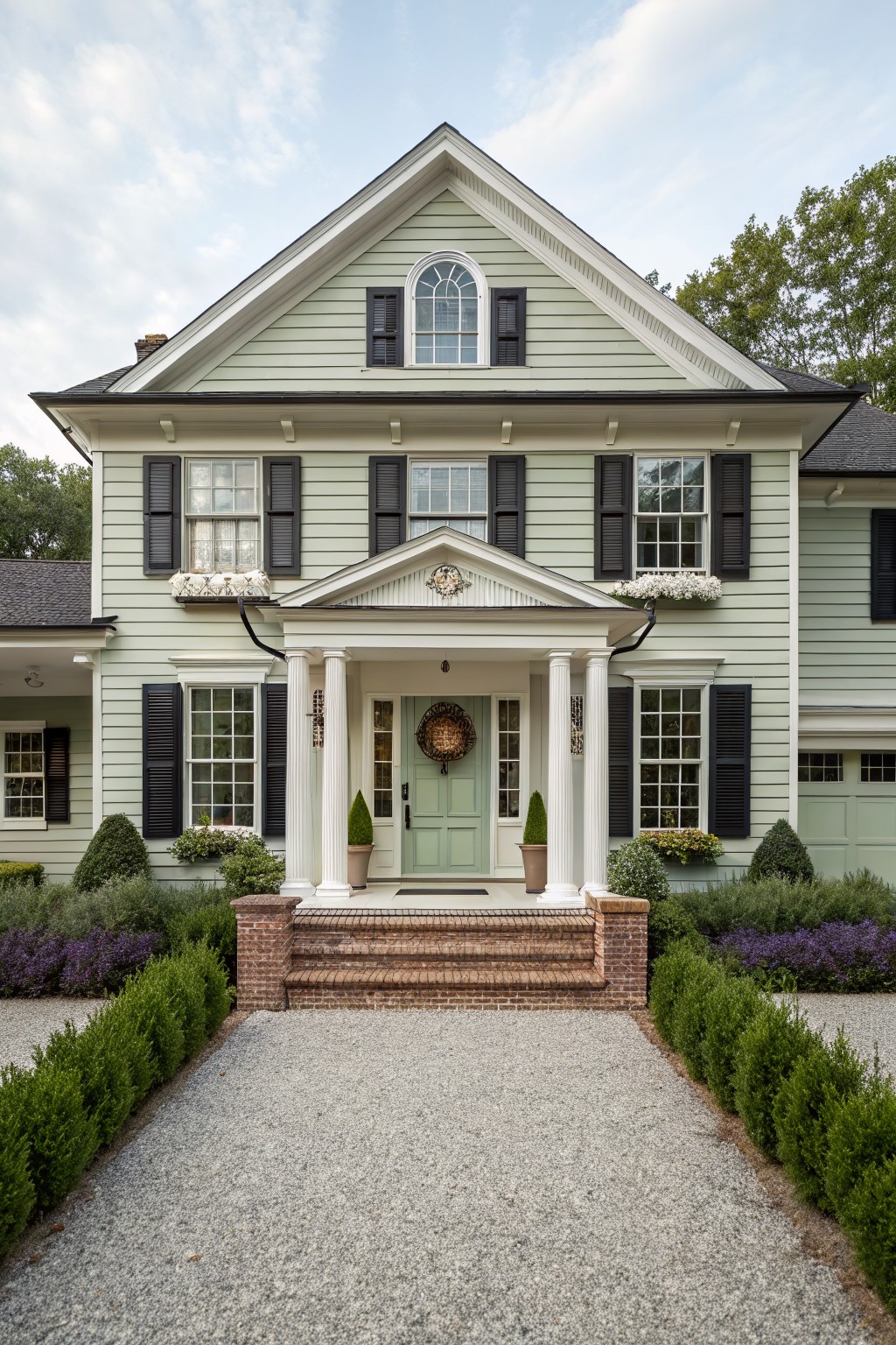 Front view of a two-story farmhouse with light green horizontal siding, black shutters, white trim, a central portico with columns, and a gravel driveway leading to brick steps.