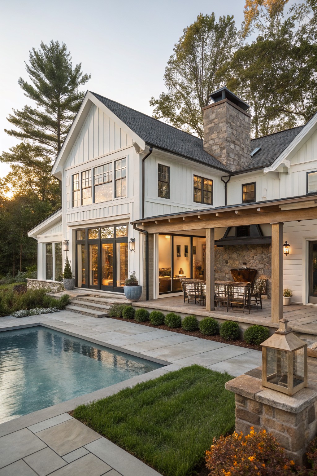 A white board and batten farmhouse exterior with black windows, a stone chimney, covered patio, and a swimming pool in front.