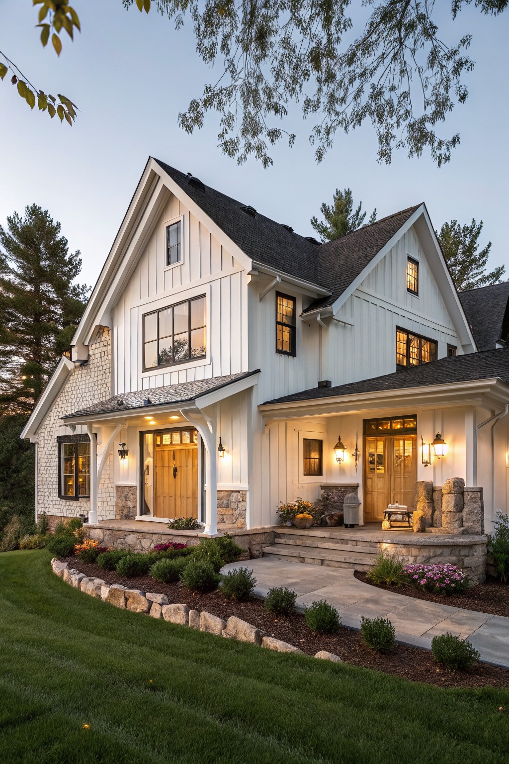 White two-story farmhouse with stone porch, lit windows, and lush garden at dusk