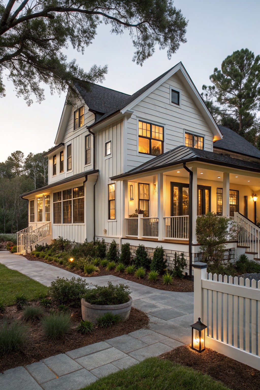 A two-story white house with board and batten siding, dark roof, lit windows, and a covered front porch at dusk.