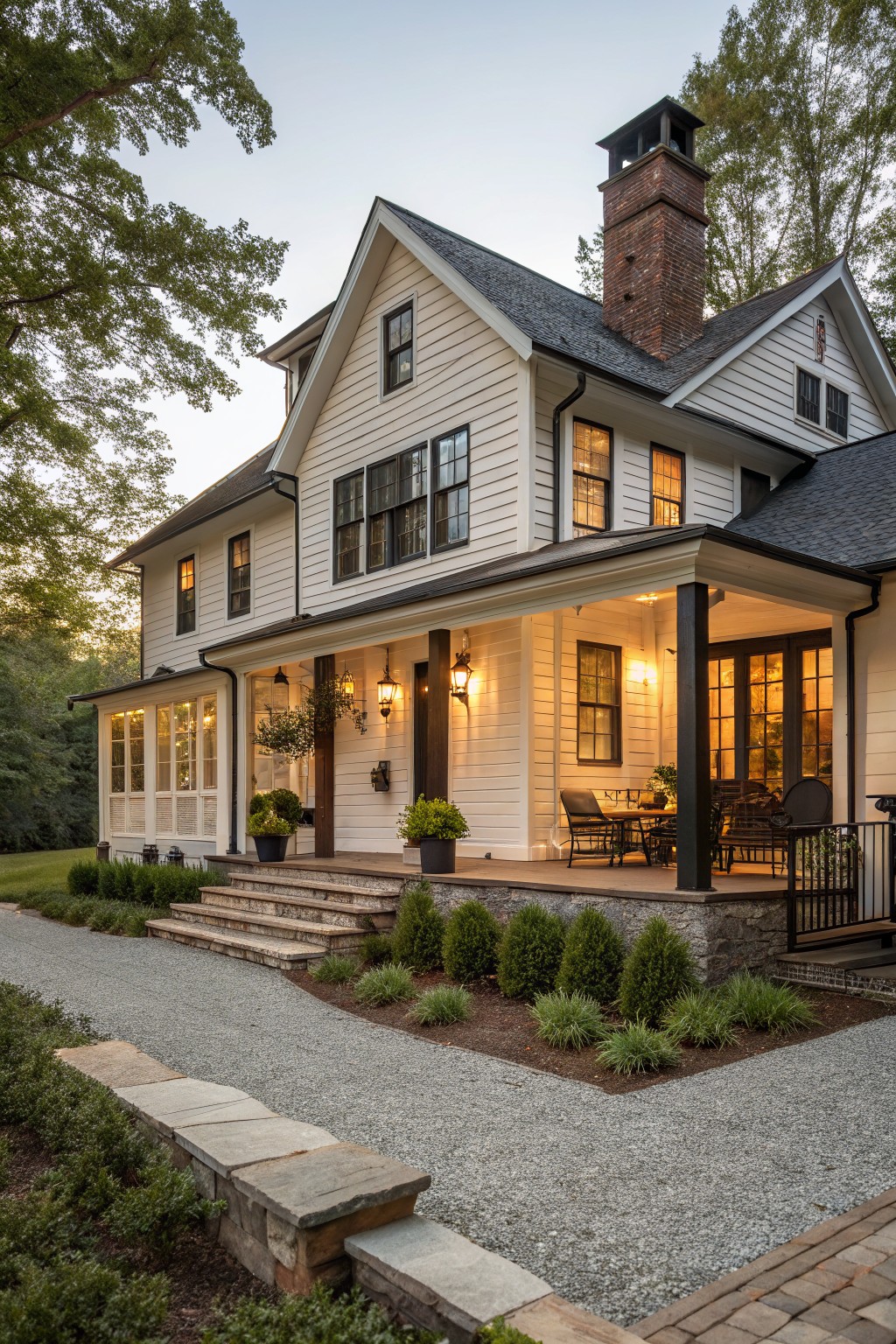 A white board and batten farmhouse with a gabled roof, covered porch, and brick chimney viewed from the front at dusk.