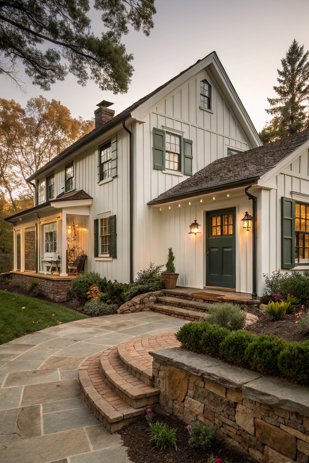 A white board and batten farmhouse exterior with green shutters, a green front door, and stone steps leading to a paved walkway.
