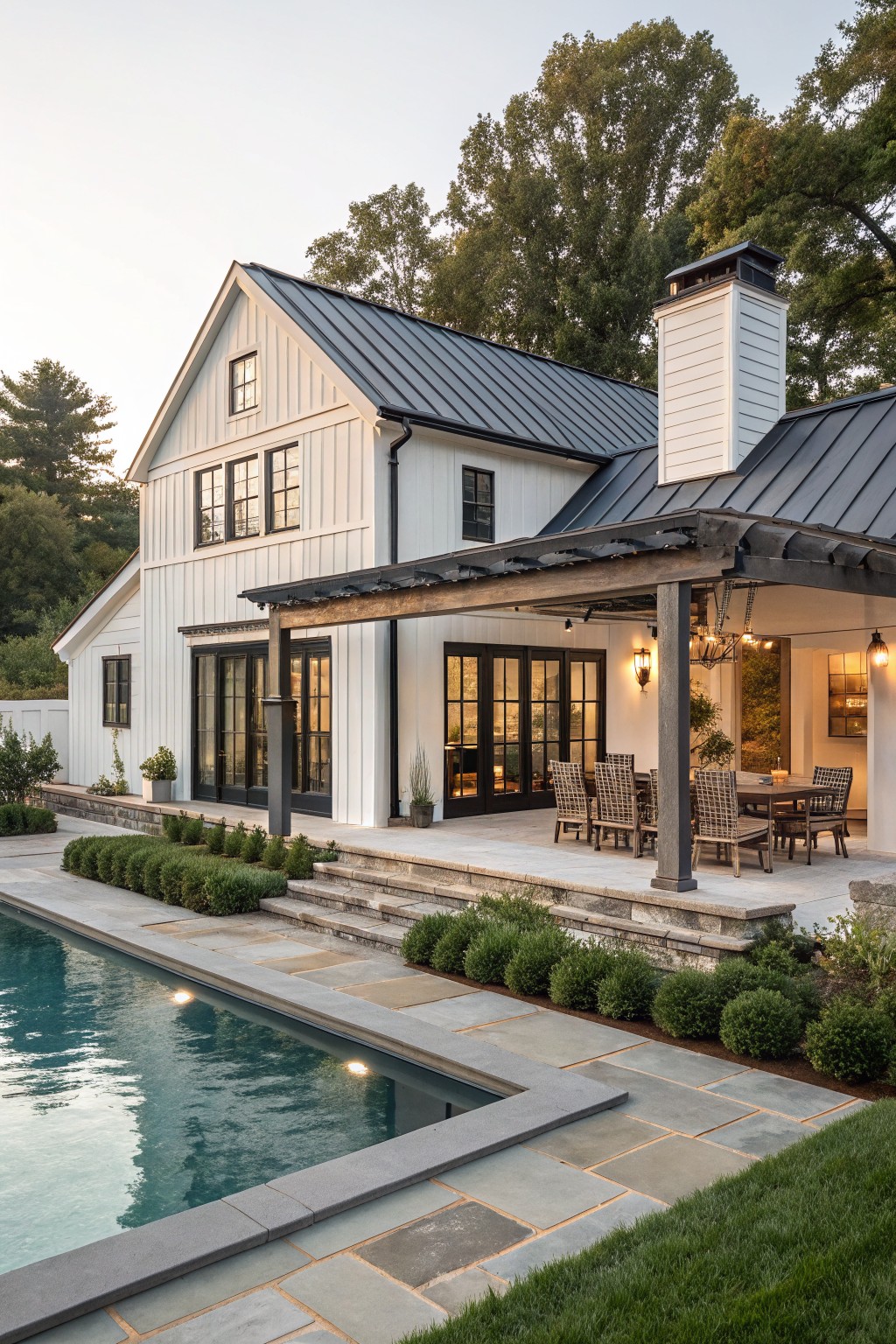 A white board and batten farmhouse exterior with a dark metal roof, black-framed windows and doors, and a covered patio next to a pool.