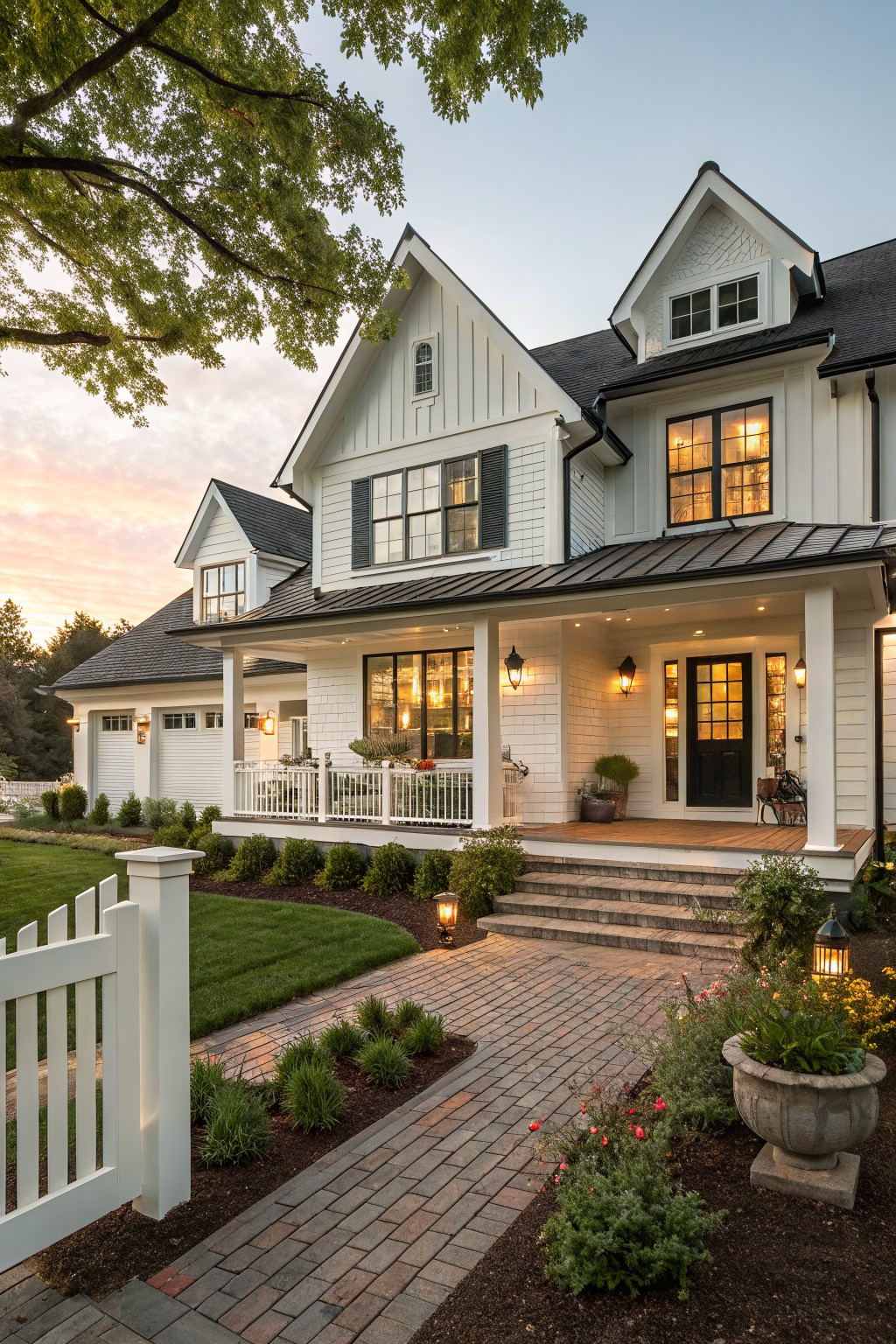 A two-story white board and batten farmhouse exterior with black shutters, a covered porch, gabled rooflines, and a brick walkway leading to the front steps.