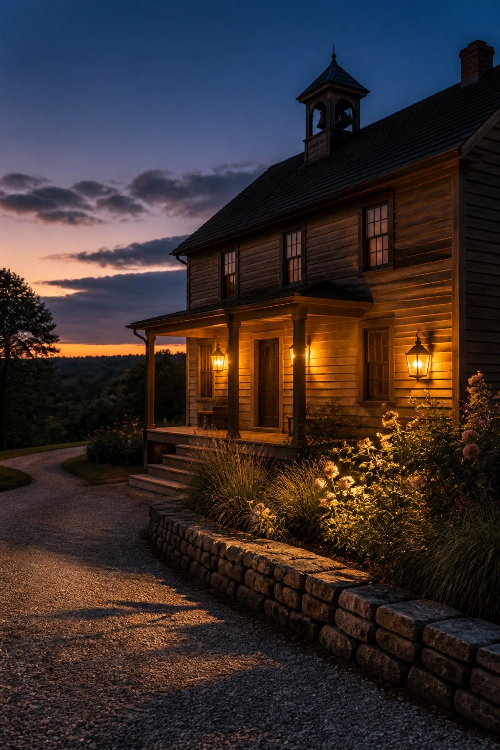 A two-story wooden farmhouse with a covered porch lit by several wall and post lanterns at dusk, a gravel path in front, and flowers along a low stone wall.