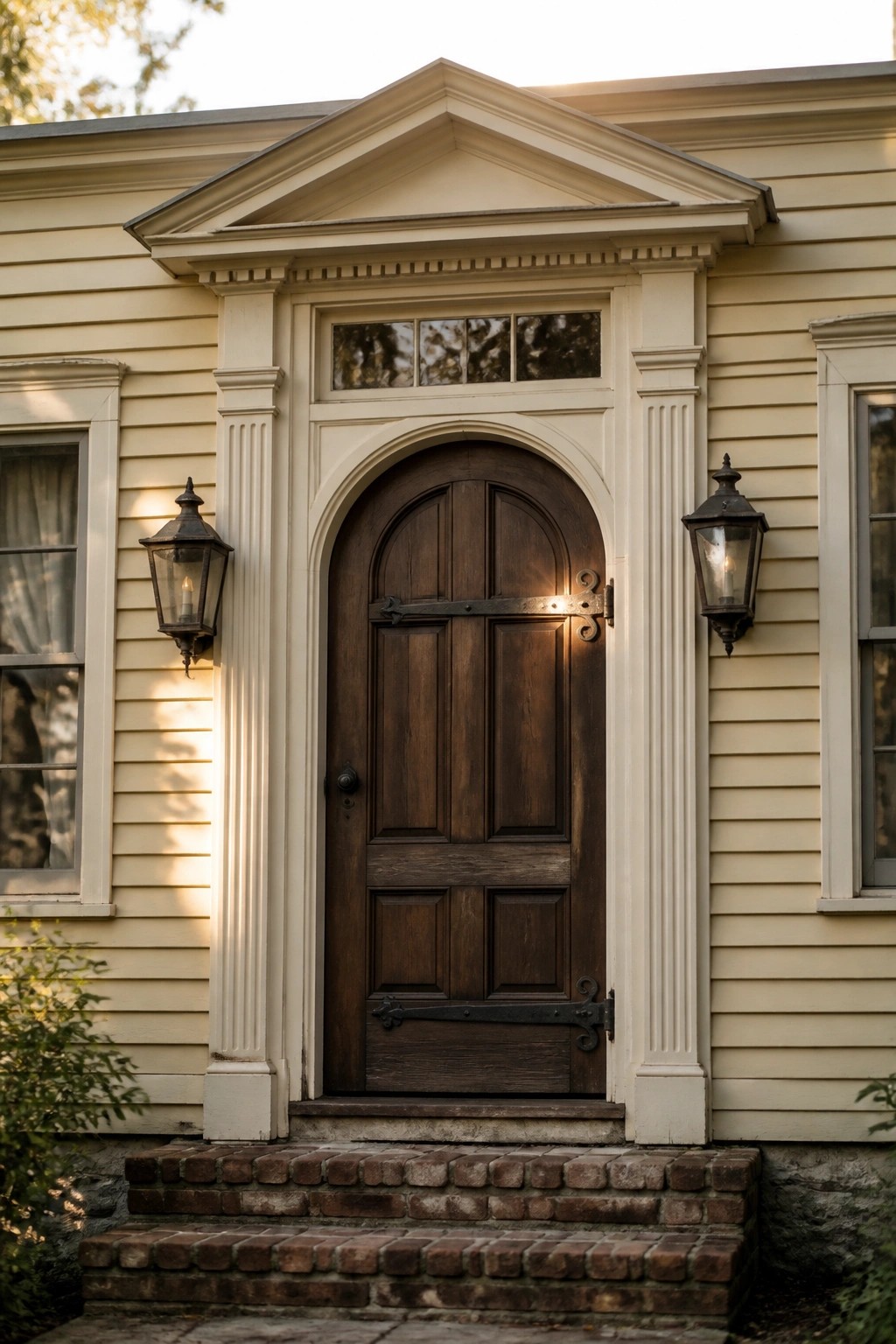 A pale yellow house exterior with a dark arched wooden door centered under a white pediment, flanked by two black lanterns and brick steps.