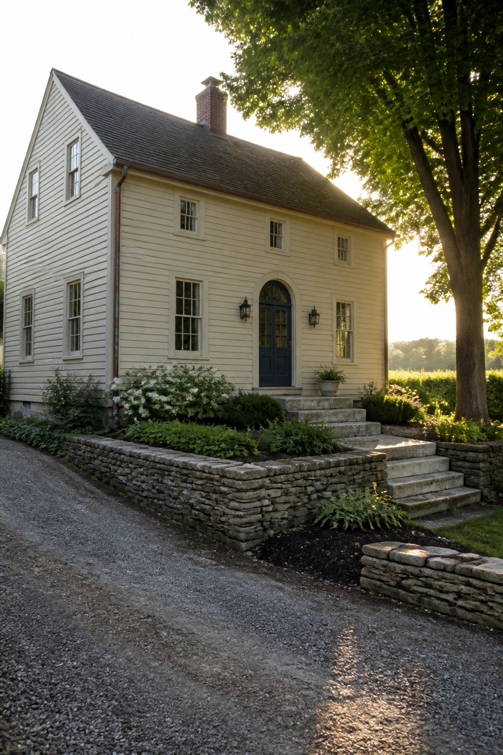 A pale yellow two-story farmhouse with dark blue front door, multiple windows, brick chimney, and a low stone retaining wall with steps leading from a gravel drive.
