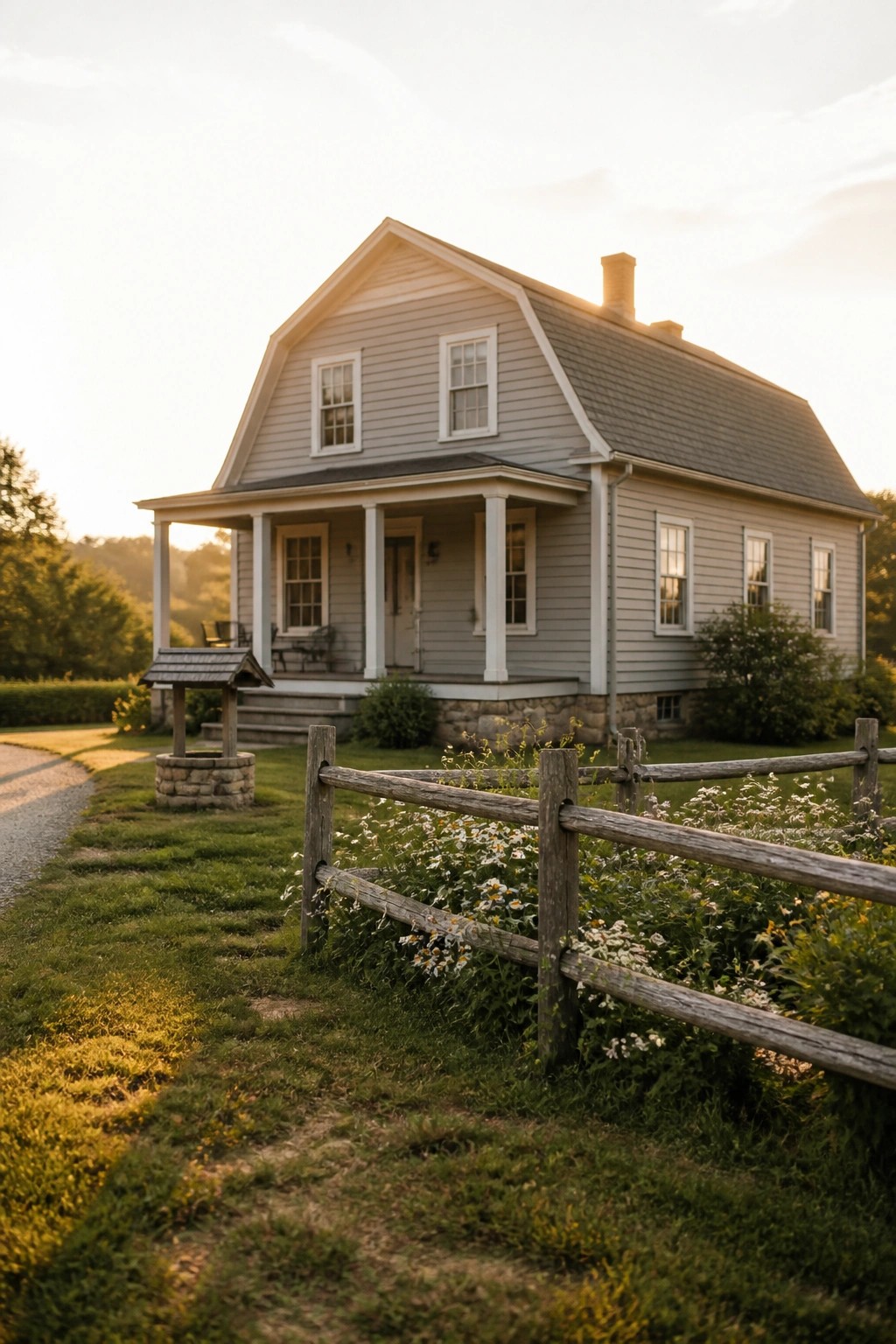 A gray two-story farmhouse with a front porch supported by white columns, multiple windows, and a wooden fence with flowers along the front.