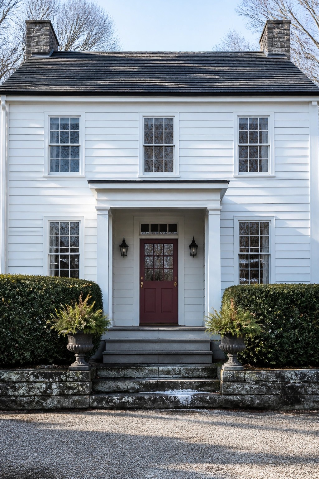 A white two-story farmhouse with a centered red door beneath a small portico, evenly spaced windows, and stone chimneys on the roof.