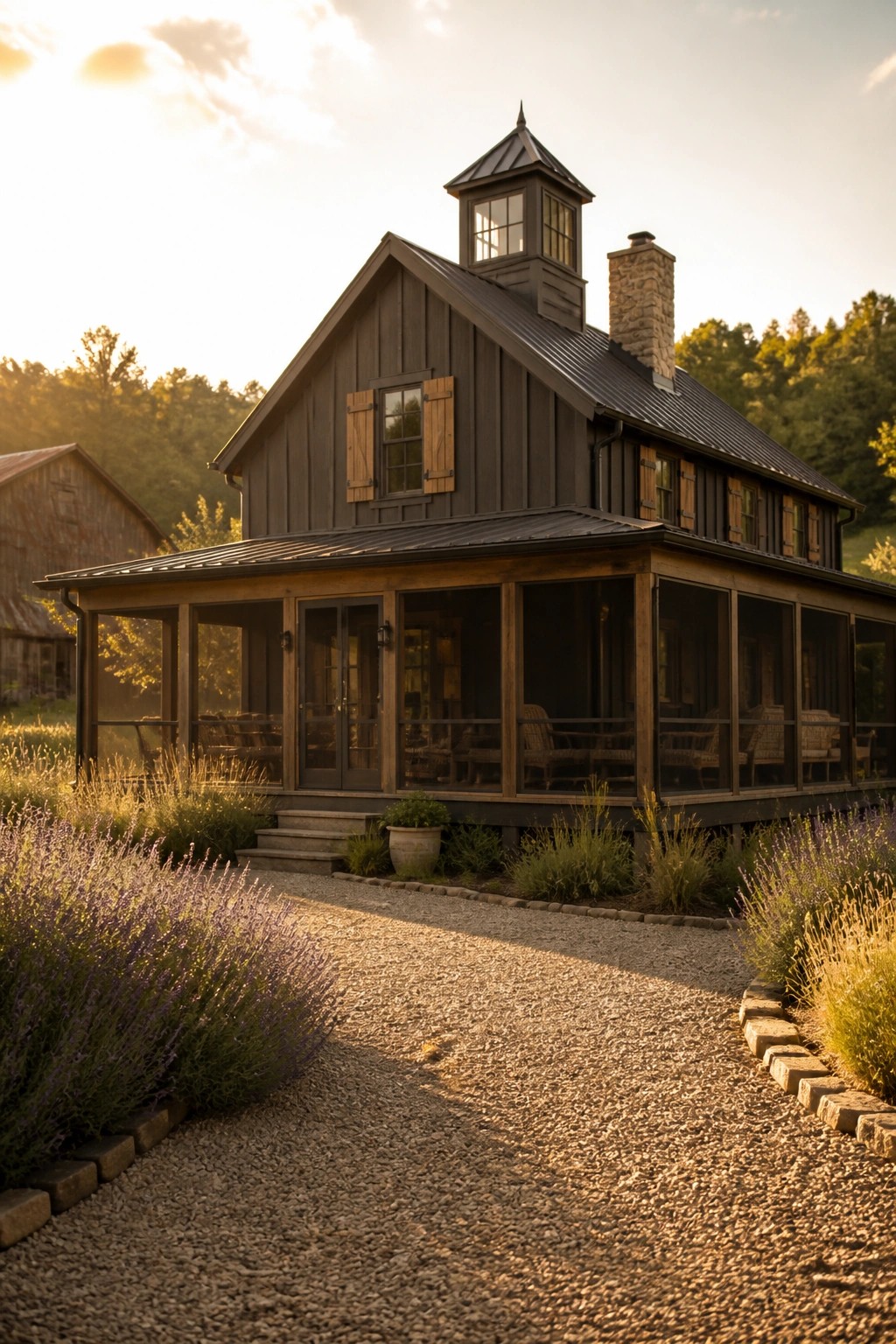 Dark wooden farmhouse with cupola, stone chimney, lavender-lined gravel path at sunset.