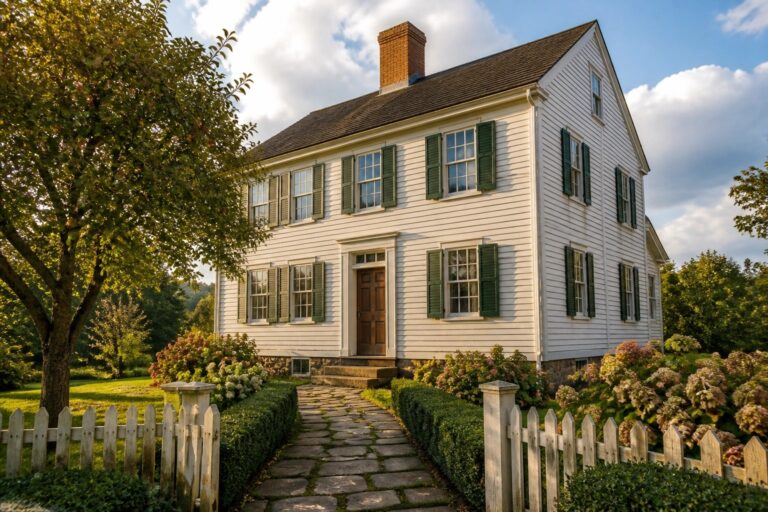 18 Beautiful 1800s Farmhouse Exterior Ideas With Early American Style A white two-story farmhouse with dark green shutters, a central brown door, and a stone path leading through a white picket fence.