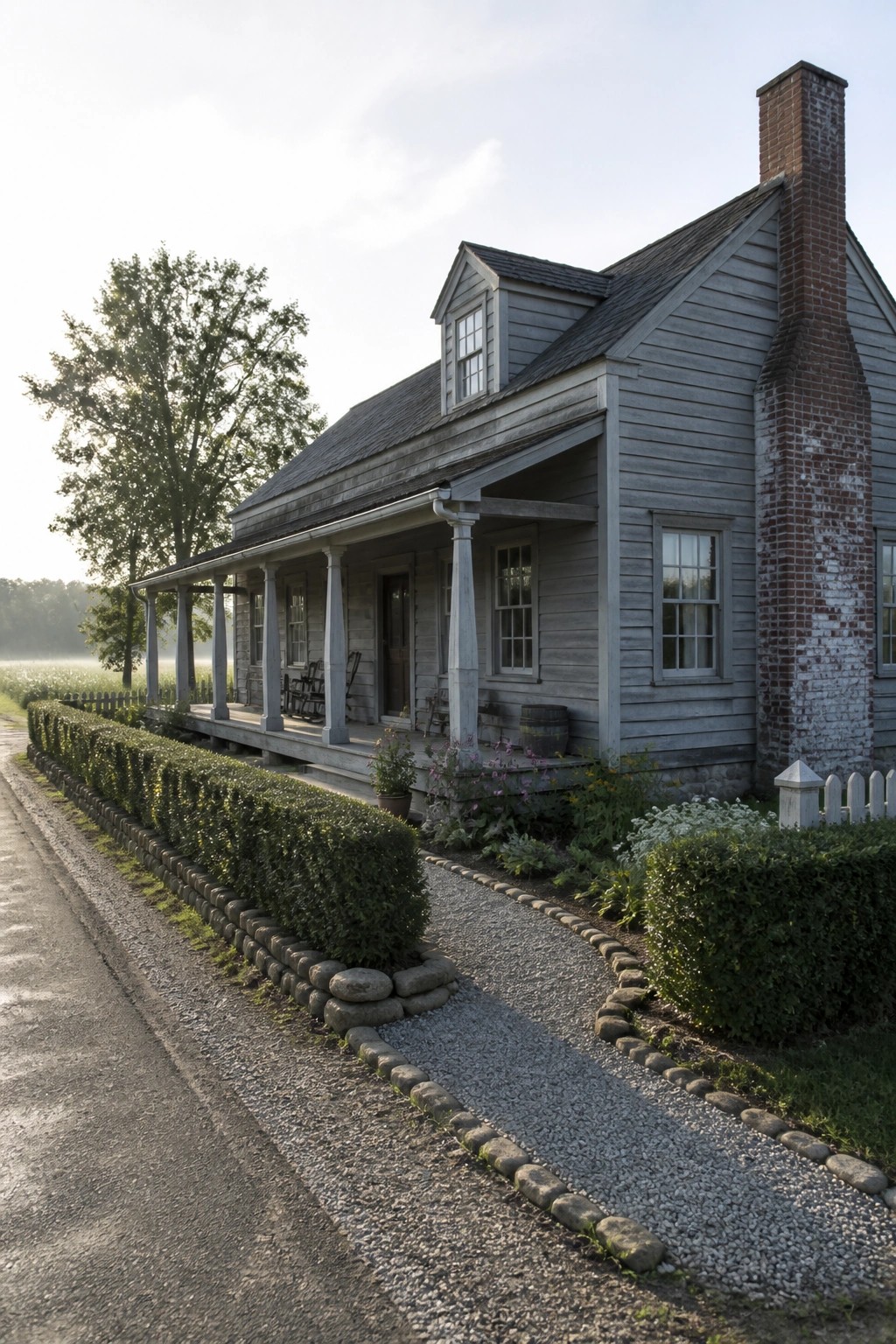 Gray wooden farmhouse with porch, chimney, gravel path, and lush hedges
