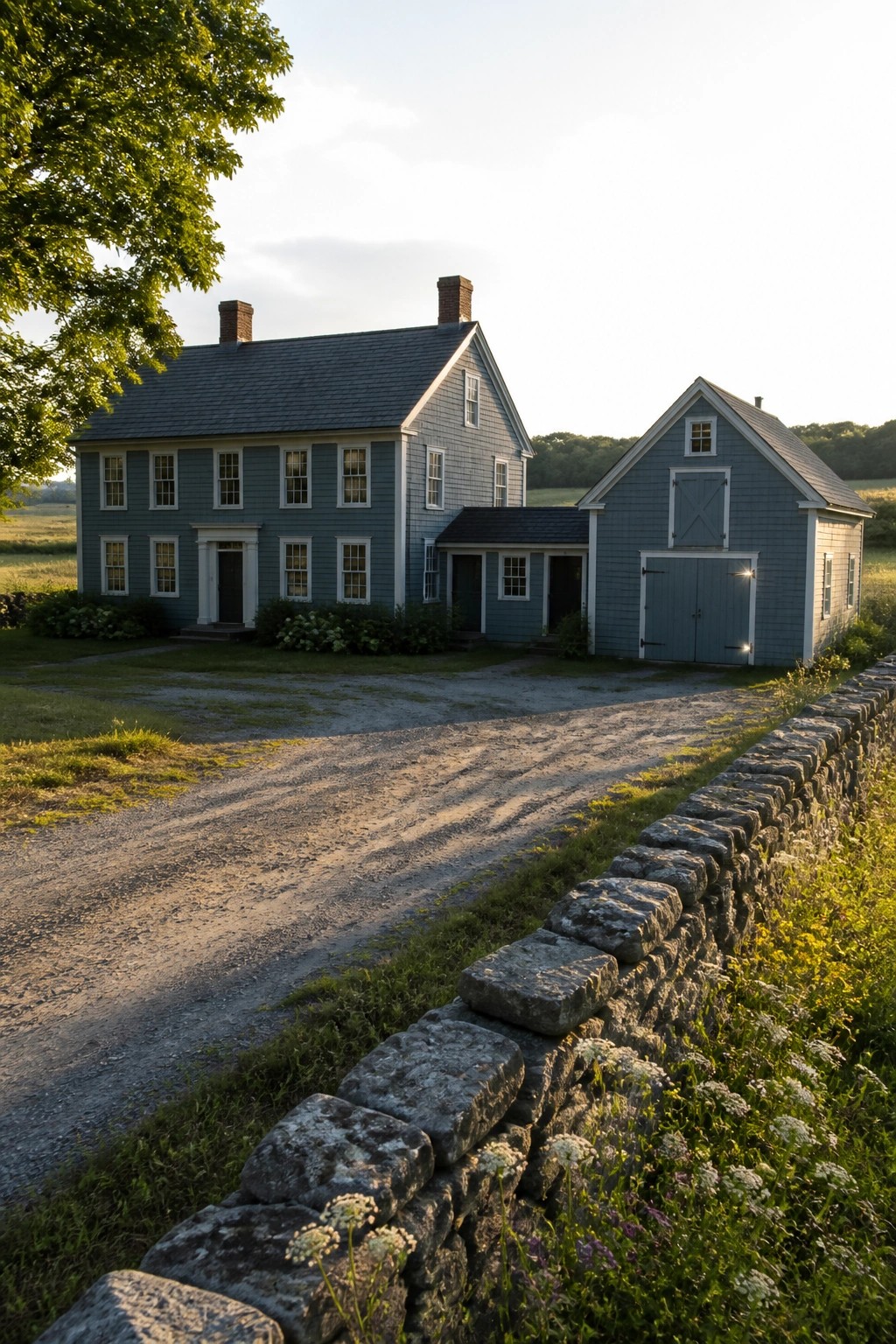 A two-story blue-gray farmhouse with white trim beside a matching barn-style building, with a gravel drive and stone wall in the foreground.