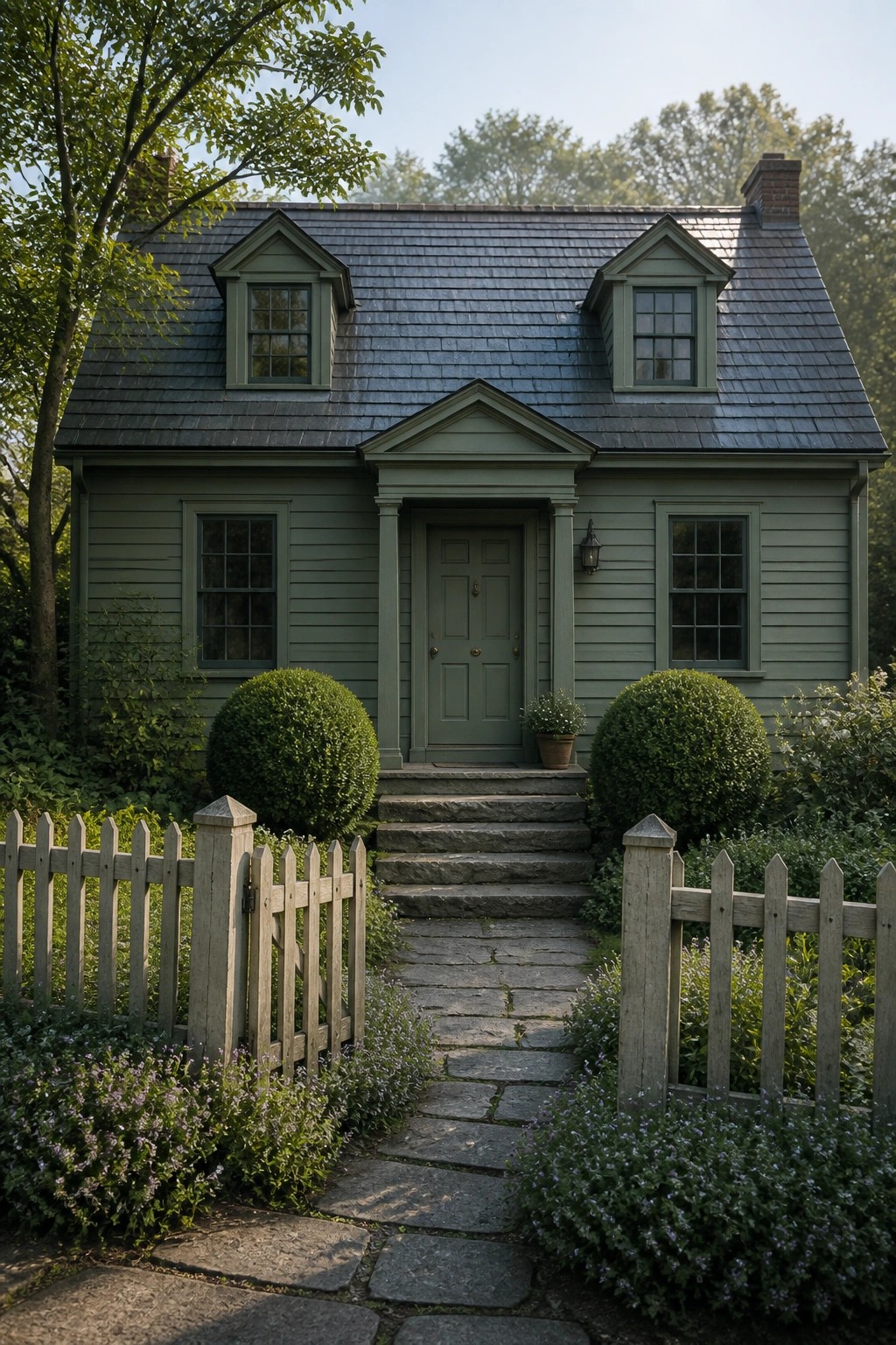 A sage green 1800s-style farmhouse with a central door under a triangular pediment, flanked by windows and reached by a stone walkway.