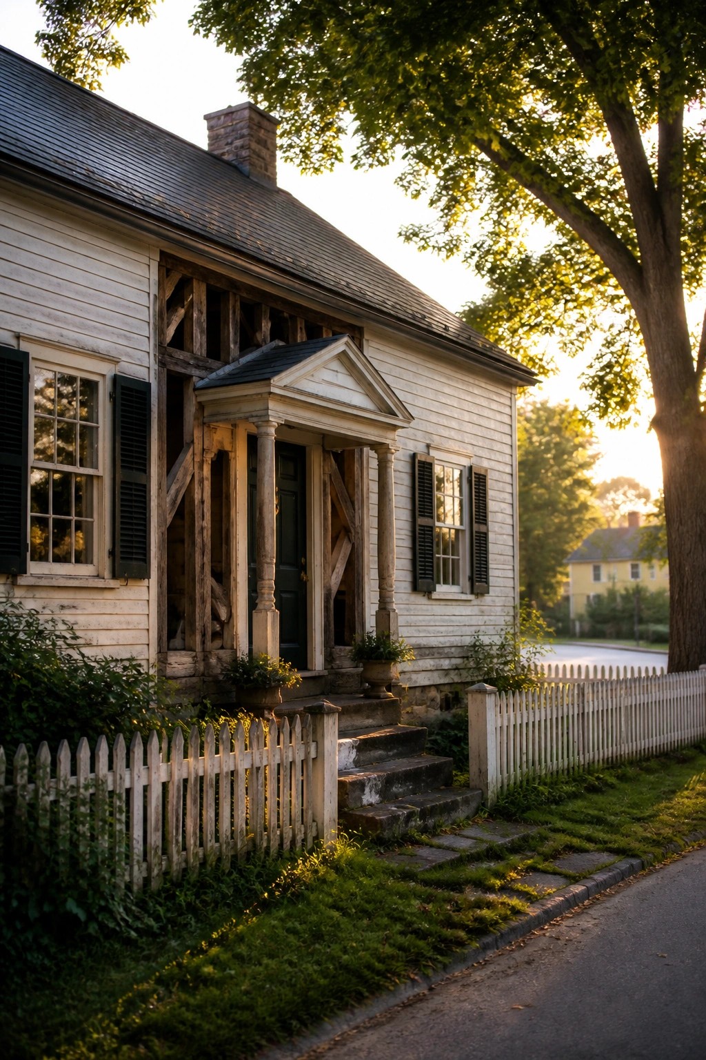A white wooden 1800s farmhouse with a pedimented front porch, exposed interior framing on the left side, stone steps, and a white picket fence along the lawn.