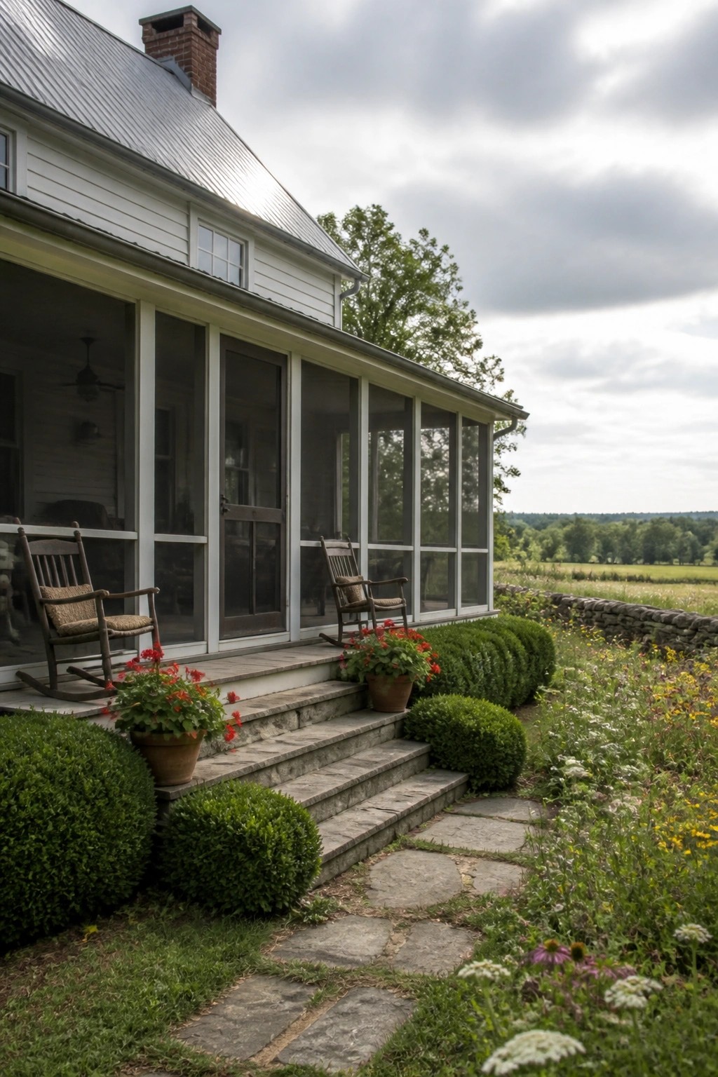 A white clapboard house with a long screened porch, two wooden rocking chairs, stone steps, and a garden path leading toward fields.