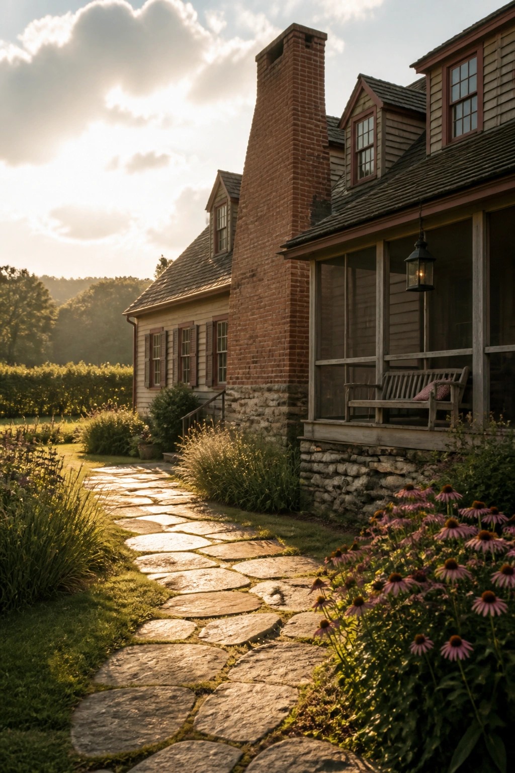 A stone pathway leads past flower beds to a wooden farmhouse with a large brick chimney rising from a stone foundation and a screened porch on the right side.