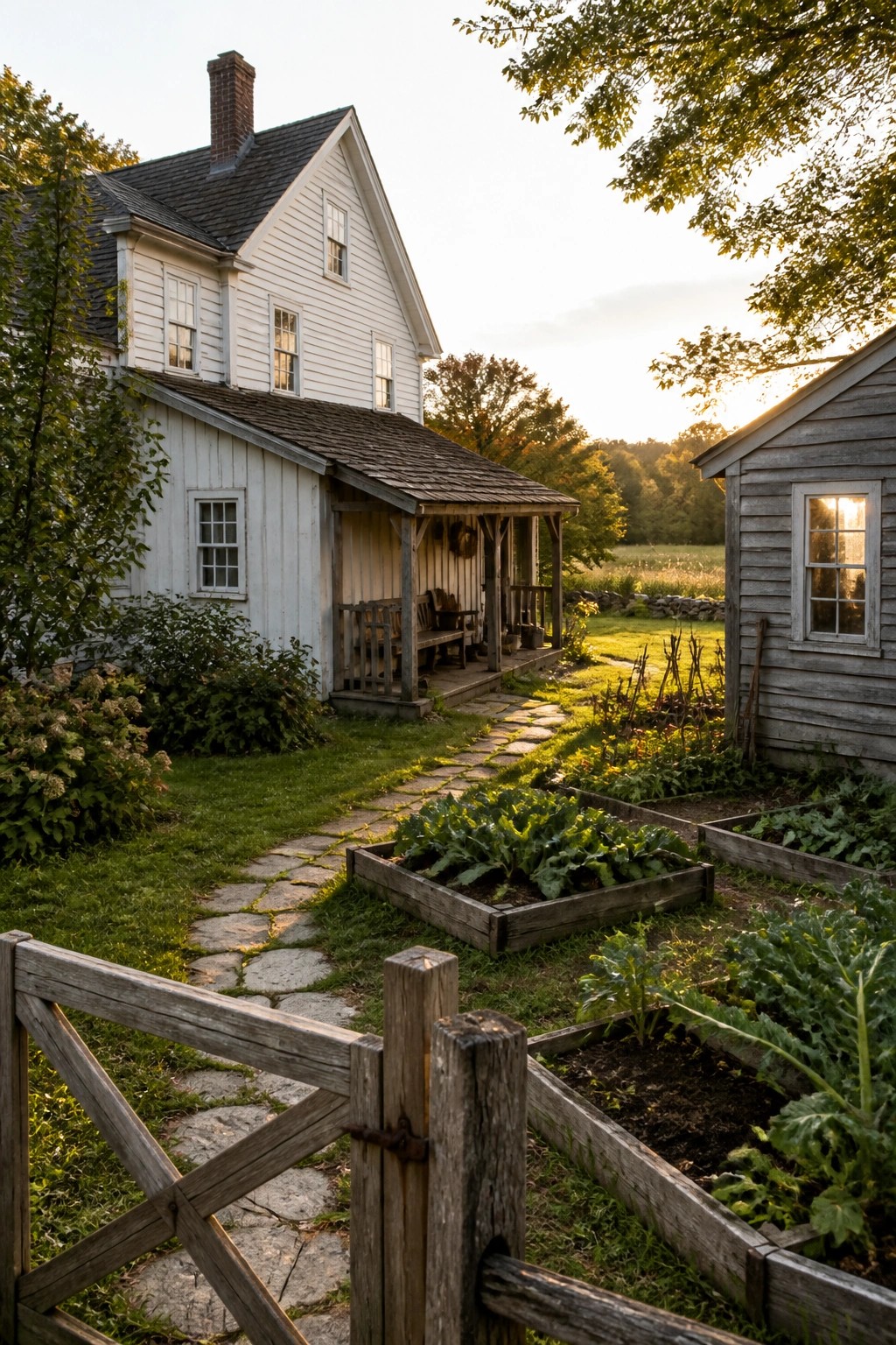 A white two-story farmhouse with dark roof and porch, a stone path leading from a wooden gate past raised garden beds to the front steps.