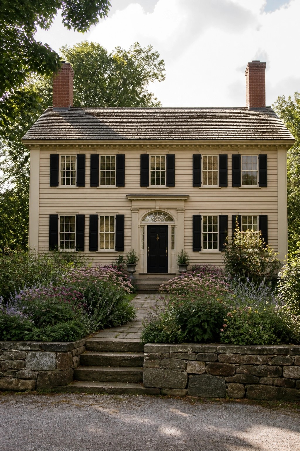 A two-story house with light siding, black shutters on evenly spaced windows, a central black door with a fanlight above it, and brick chimneys on both ends.