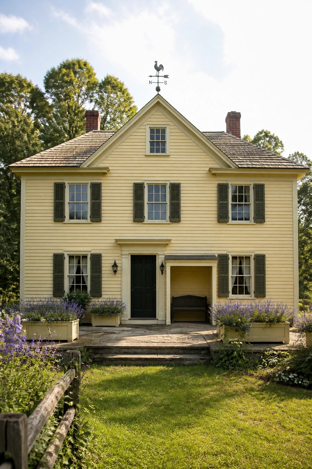 A two-story yellow farmhouse with green shutters, a centered dark door, a small covered entry, and a weathervane on the roof.