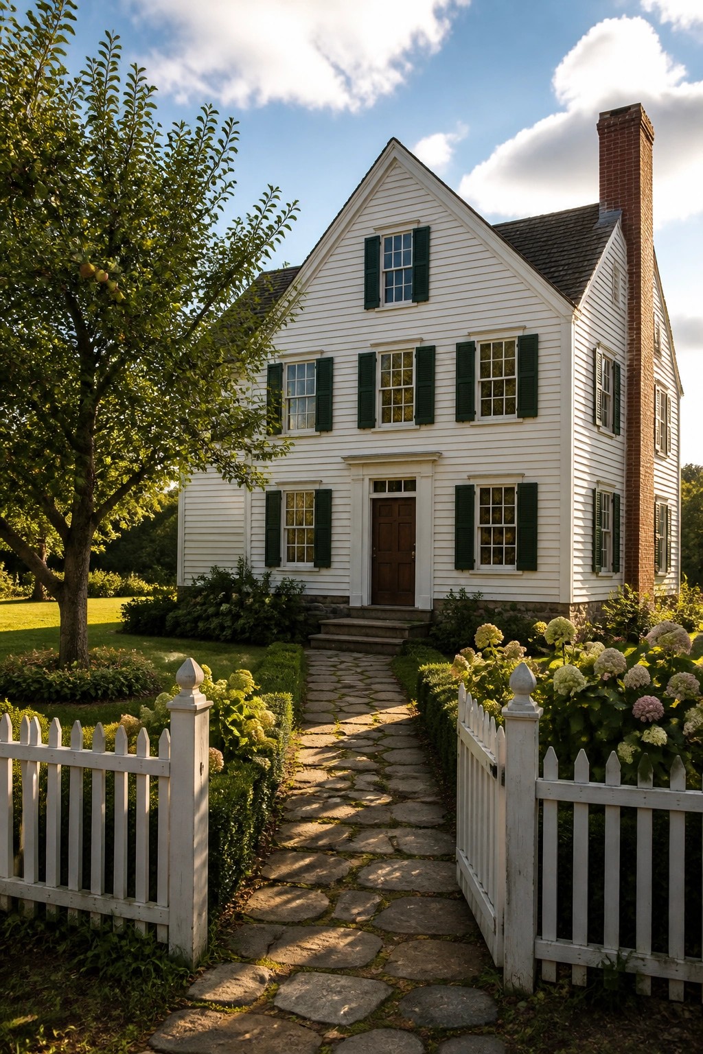 A white two-story farmhouse with dark green shutters, a central brown door, and a stone path leading through a white picket fence.