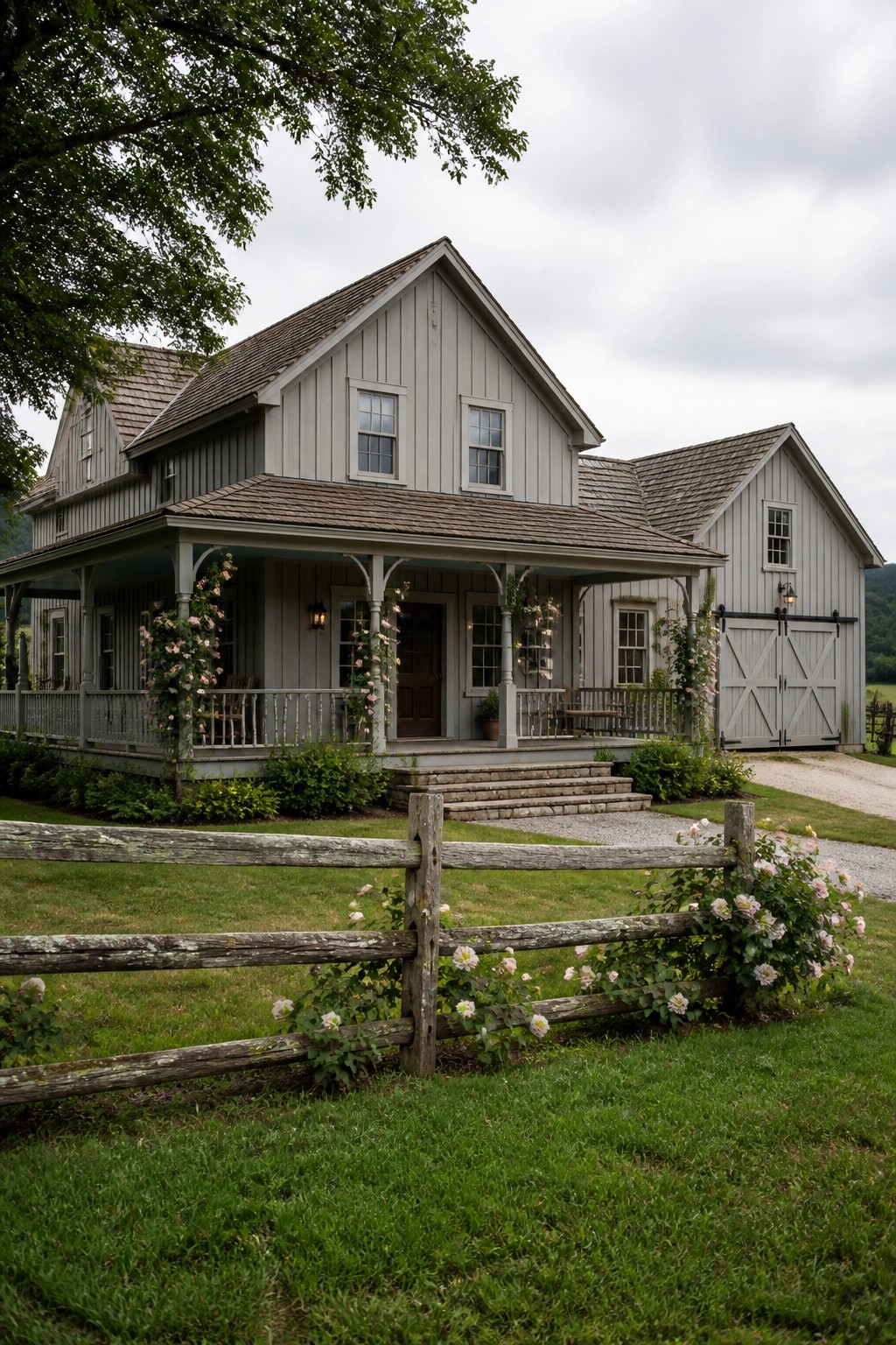 Gray farmhouse with rose-covered porch behind wooden fence and barn on lawn