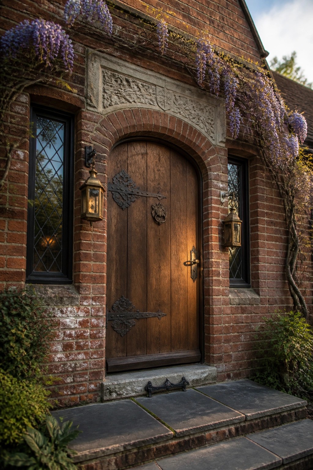A wooden arched door with black iron hardware sits in a brick facade with stone detailing above, flanked by leaded windows, lanterns, and purple wisteria vines.