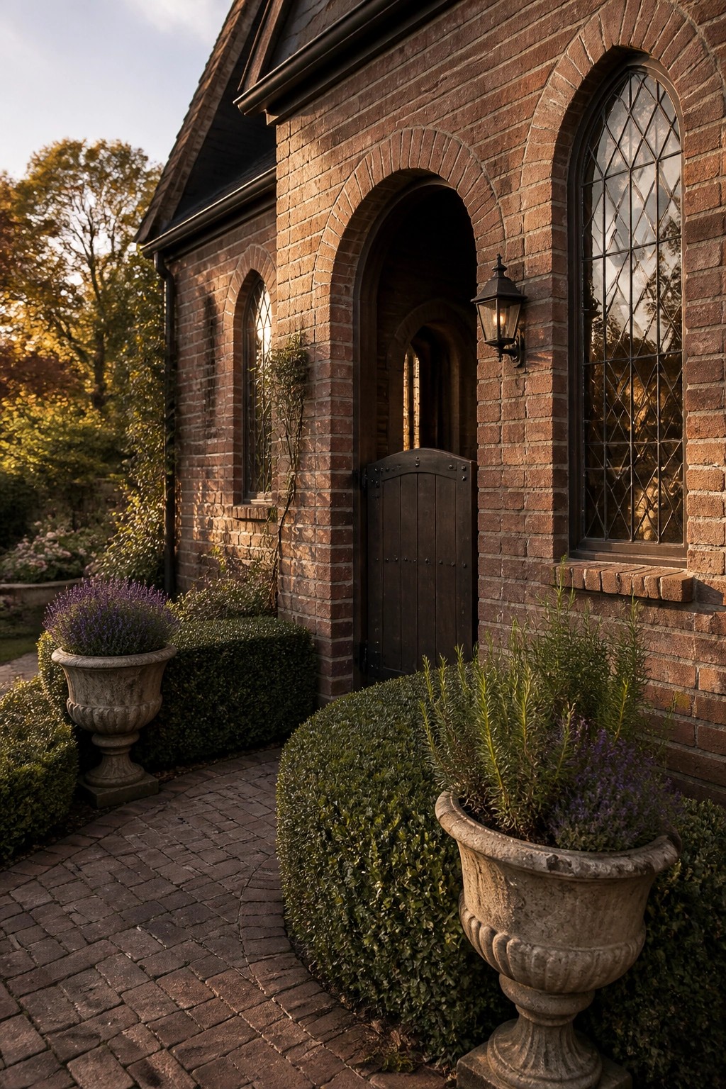 Brick cottage entrance with arched door, leaded windows, stone urns of lavender.