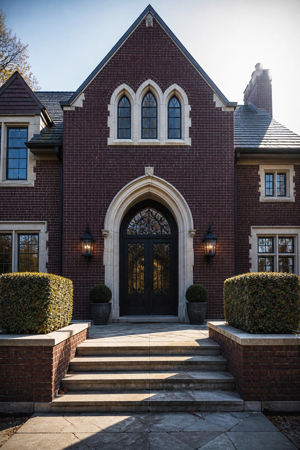 Red brick Gothic mansion entrance with arched black doors and stone steps