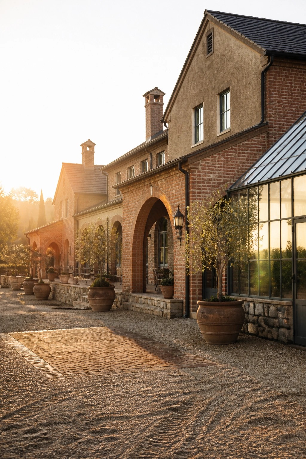 A brick farmhouse exterior featuring large arched openings, multiple chimneys, and an attached glass greenhouse along a gravel courtyard with terracotta pots.