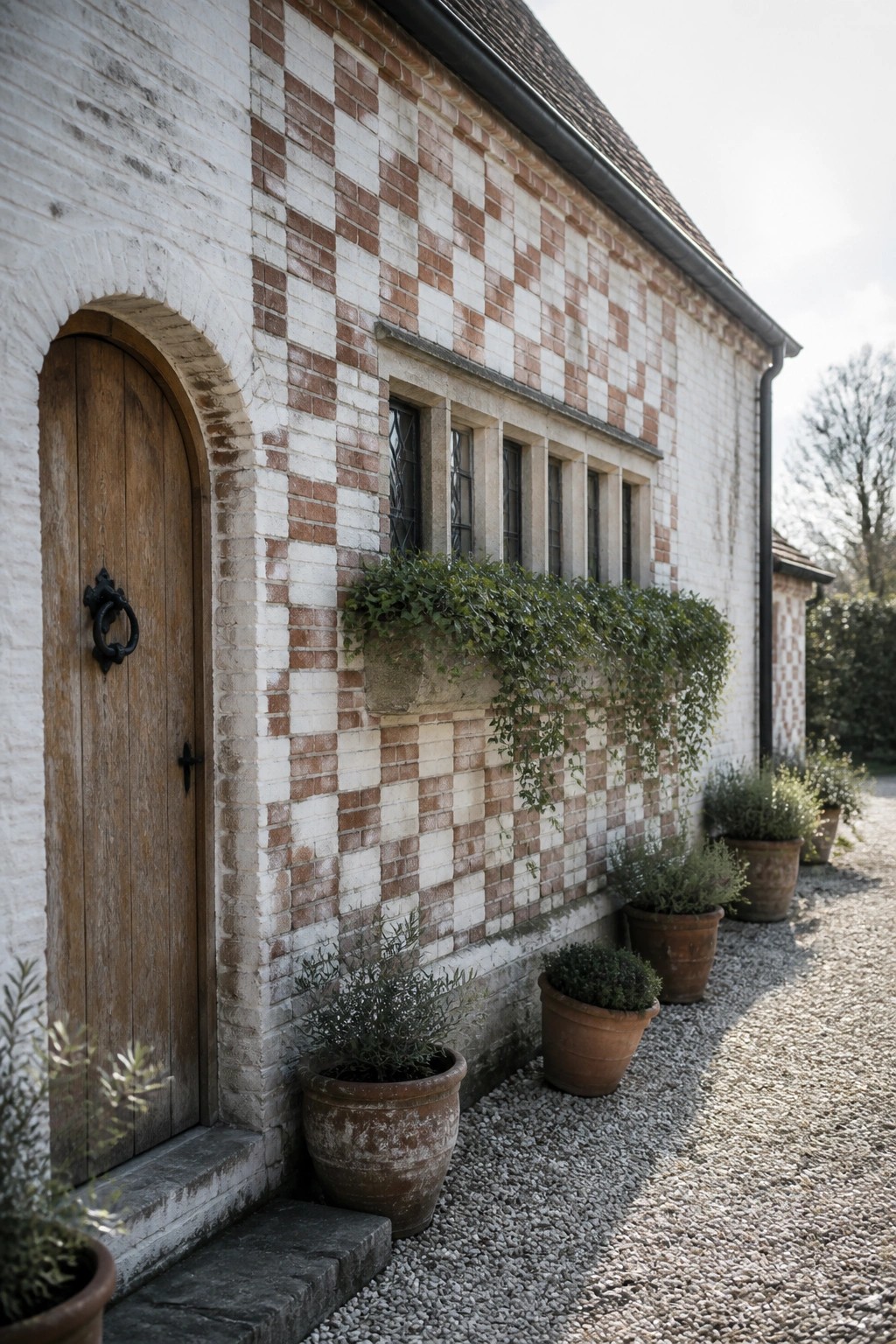 A white and brown checkerboard brick wall on a house exterior with an arched wooden door, multi-paned window, and several terracotta pots along a gravel path.