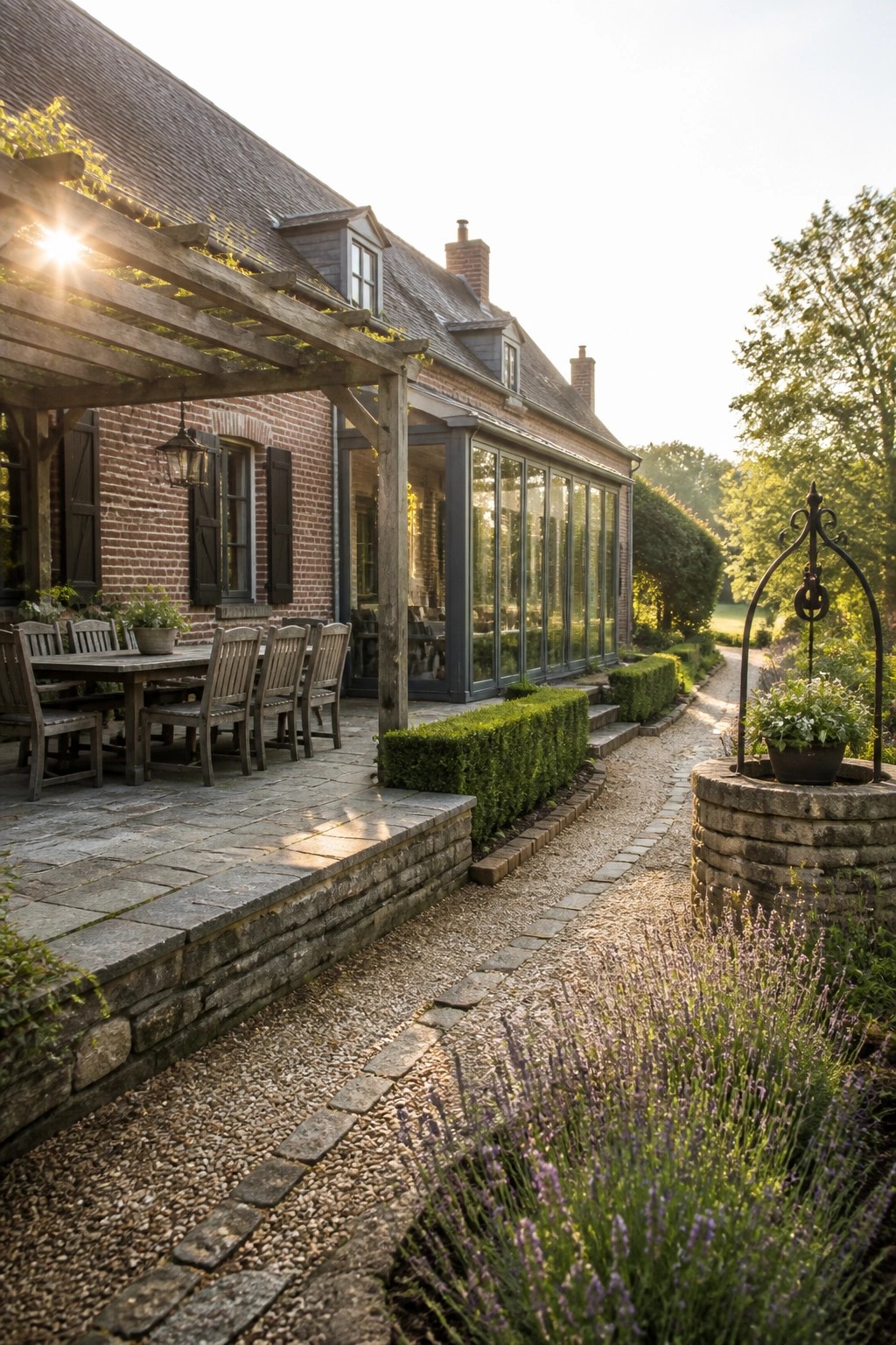Rustic brick house with wooden pergola, glass conservatory, and lavender-lined gravel path at sunset.